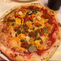 Vegan pizza with Tuscan sausage, artichoke, courgette, red pepper and capers.  at Pizza Punks in Nottingham