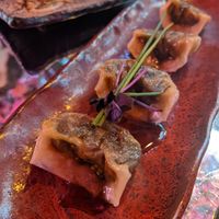 Date and water chestnut gyoza at Tattu Edinburgh in Edinburgh