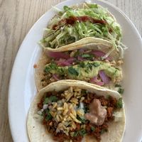 Vegan chicken taco, mesquite tofu (in middle), and vegan chorizo in the front - after my partner added some rice and beans from my plate  at Sol Of Mexico in Worcester