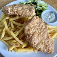 Vegan fish and chips (these ones were undercooked)   at Highland Farm Cafe in Dingwall