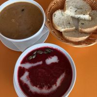 Small bean soup and beetroot soup, bread included   at veganaf in Banska Bystrica