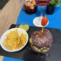 Vegan burger with tortilla chips   at La Marea & Copacabana in Tenerife