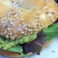 Lime Cilantro Hummus with greens on a Sesame Bagel. at Webster's Cafe in State College