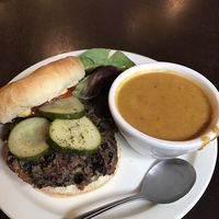 Vegan black bean burger with side butternut squash soup. Divine at Webster's Cafe in State College