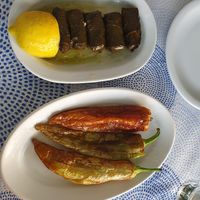 Stuffed vine leaves and fried green peppers at T' Agnantio in Nikitas