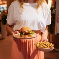 Tasty plant-based burger with fresh-cut-low-calorie-superfries. at Hulala in Dusseldorf