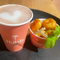 Hot chocolate and mini donuts with caramel sauce  at Hulala in Dusseldorf