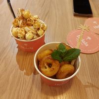 Soft serve ice cream topped with golden caramel sauce and popcorn + cinnamon sugar mini donuts in golden caramel sauce. The soft serve was the stand out here, but I dipped a donut  at Hulala in Dusseldorf