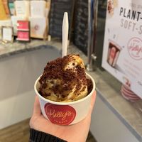 Vanilla/pumpkin spice swirl soft serve ice cream with caramel sauce and brownie pieces  at Kelly's Bake Shoppe in Oakville