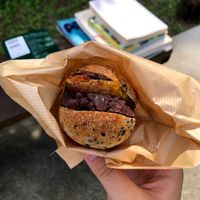 Lovely round bread with red bean paste and figs. You can enjoy various ingredients depending on the season. at Tomachisandwich in Toyama