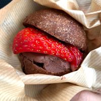 So gorgeous. A round bread with strawberry and chocolate cream. at Tomachisandwich in Toyama