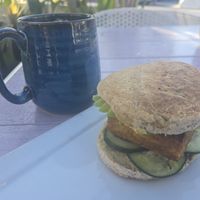 Coffee and English muffin bfast sandwich at The Source in Hermosa Beach