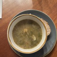 Leek and potato soup with sourdough and flora spread - nice and chunky,  not blended and full of cream  at The Glenelg Inn in Glenelg
