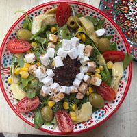 meditarrean salad made vegan (coconut cheese replacement)  at The Rootz Bar in Valletta