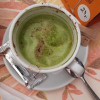 Matcha cappuccino with soy milk and chocolate powder at Carmen in Miedzyzdroje