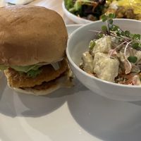 Chick’n burger with a side of potato salad  at Stillfood Bistro & Cappuccino Bar in Penticton