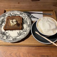 Toasted banana bread and soy latte  at Café Morning Box - カフェモーニングボックス in Osaka