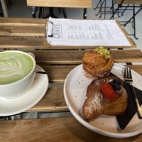Matcha latte with pea mylk (good), pistachio cruffin (good, but filling was a bit watery) and Lemon curd danish (good, but filling was a bit watery). at Crave Coffee & Bakery in Rotterdam