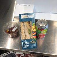 Meal deal: No chicken & chorizo sandwich, grapes and apple elderflowers sparkling water (£5.50)  at LHR - M&S Simply Food - T5 in West London