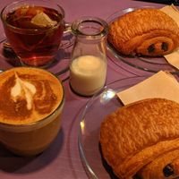 Chai latte, tea and pain au chocolate at Nincomsoup in Hythe