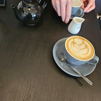 Pumpkin spice latte with oat milk and pot of tea with oat milk at Busk in York