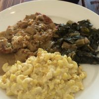 Country Fried Tofu, vegan mac, pickled greens at Southern Charm Kitchen in Gainesville