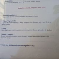 Menu starters at La Vallée du Kashmir in Brussels