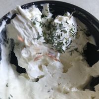 Photo of plain cream cheese with old salmon chunks in it  at Good Karma Cafe in Manitou Springs