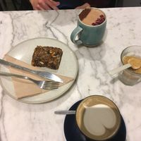 Hot chocolate, horicha matcha and granola bar  at Fauna Cafe in Edinburgh