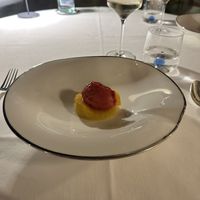 Liquid nitrogen raspberry sorbet with pineapple and orange  at Ristorante Mistral in Bellagio