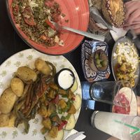 Seitan skewers and lentil salad. Free olives and bread and vegan pina colada   at Arte y Sabor in Sevilla