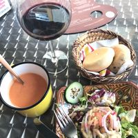 Gazpacho soup and cold potato salad  at Arte y Sabor in Sevilla