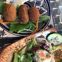 Croquettes with mushroom and spinach and cold Spanish potato salad at Arte y Sabor in Sevilla