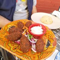 Falafel made vegan by removing the yoghurt sauce. Served with a vegan mayo instead. at Arte y Sabor in Sevilla