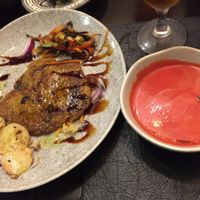 Salmorejo & seitan steak with veggies. at Arte y Sabor in Sevilla