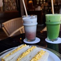 Vegan egg sandwiches, ice matcha latte,  and strawberry soymilk. at Toriba Coffee in Kyoto