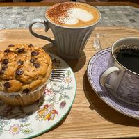 Vegan muffin, cappuccino with oat milk   at Toriba Coffee in Tokyo