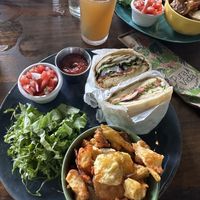 Home made Fries and tofu schnitzel in flatbread   at Lori Restaurant & Deli in Dominical