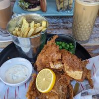 Front Gluten free fish (banana blossoms) and chips. Back burger and chips at The Good Grub in Eastbourne