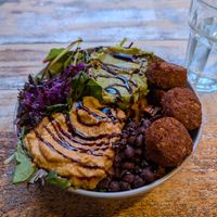 The falafel bowl: hummus, avocado, beans, sweet potato, salad and falafel at The Good Grub in Eastbourne