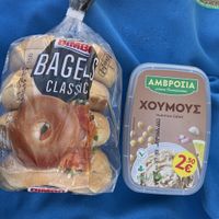 Vegan bagels + hummus  at Alex's Super Market in Corfu