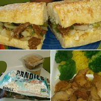philly cheeze steik sandwich, snacks and rice brocoli and chikn at Health Bistro in Gainesville