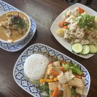 Red Curry with tofu, Pad Pak and Pineapple Fried Rice.   at Thai Basil in Madera