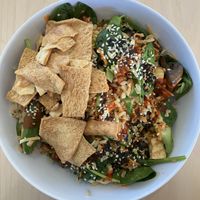 Seoul Bowl with pita chips. A favorite go-to menu item. at Crisp & Green in Chanhassen