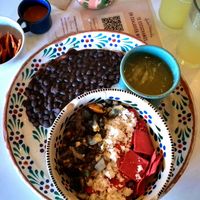 Black beans, Green sauce, Huitlacoche, Almonds cheese, Beetroot corn chips at Frida Chilaquiles Cumbres in Monterrey