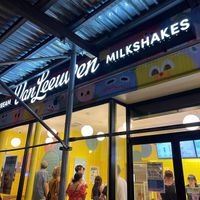 exterior almost hidden beneath scaffolding at Van Leeuwen Ice Cream - Chelsea in New York City