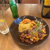Deviled soy dish with yellow rice   at Curry Souls in Belgrade