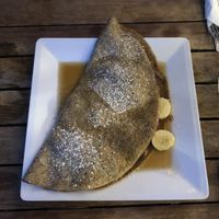buckwheat chia option for vegan crepes ! we got ours with maple syrup, pecans, and bananas  at Cafe des Amis in Paia
