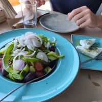 Greek salad (with feta on the side for my friend) at Kitchen Stories by the Sea in Crete