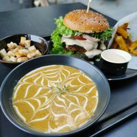 Spicy corn soup at Nom Nom in Bucharest